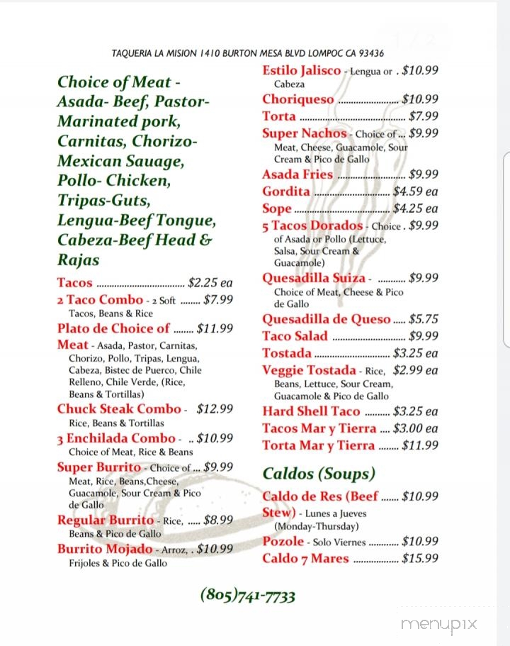 Taqueria La Mision - Lompoc, CA menu_pic