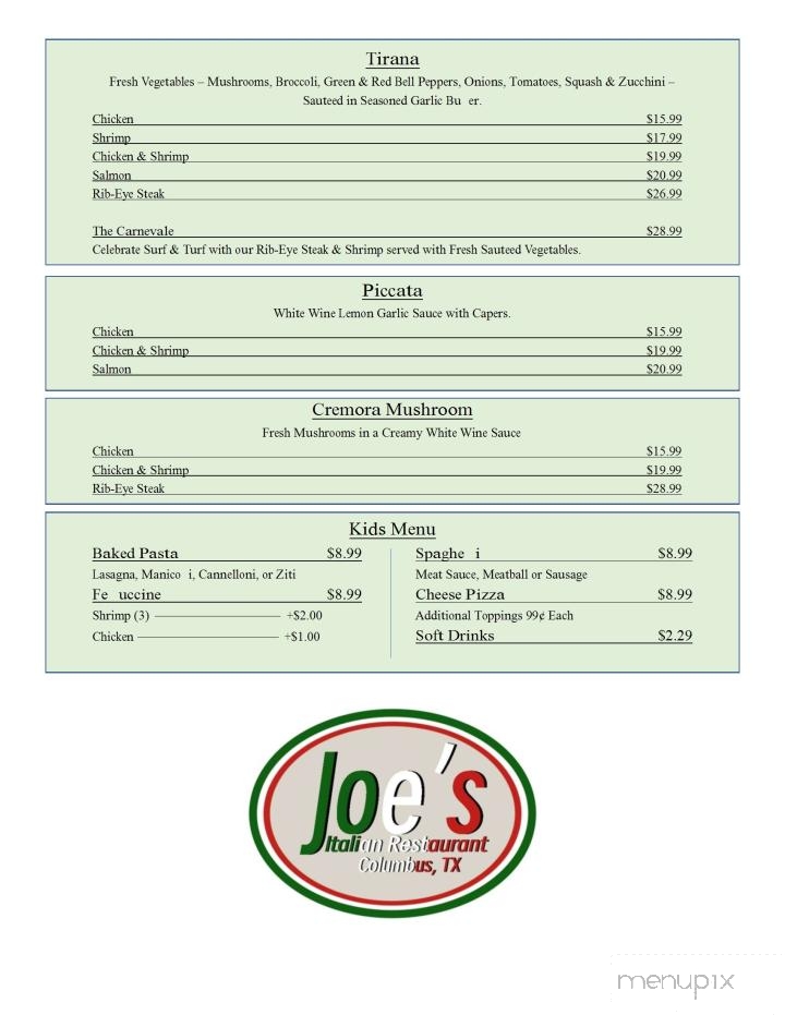 Joe's Italian Restaurant - Columbus, TX menu_pic