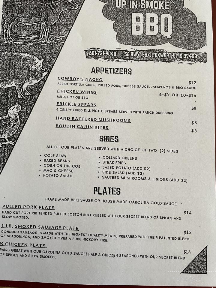 Up In Smoke BBQ and Steaks - Foxworth, MS menu_pic