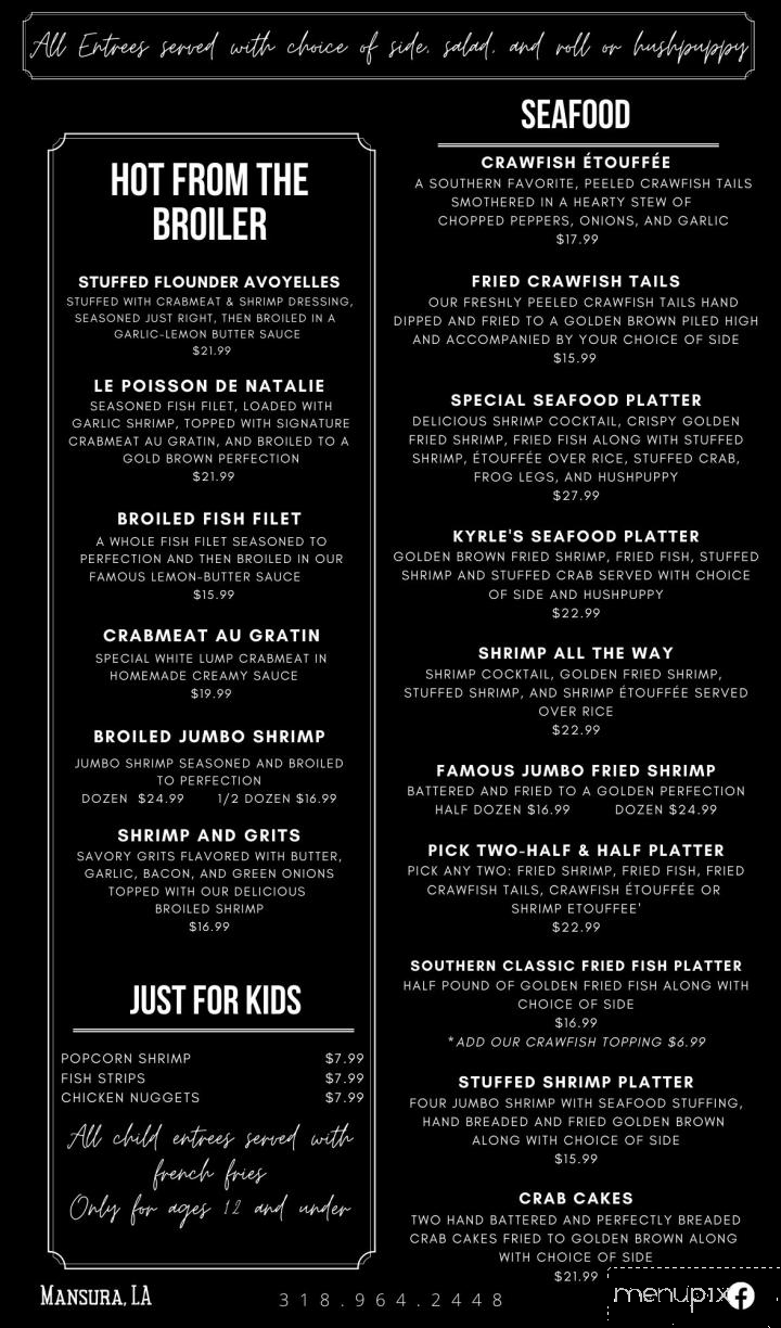 Kyrle's Seafood & Steak House - Mansura, LA menu_pic
