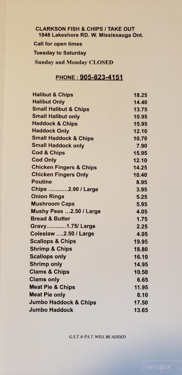 Clarkson Fish & Chips - Mississauga, ON menu_pic