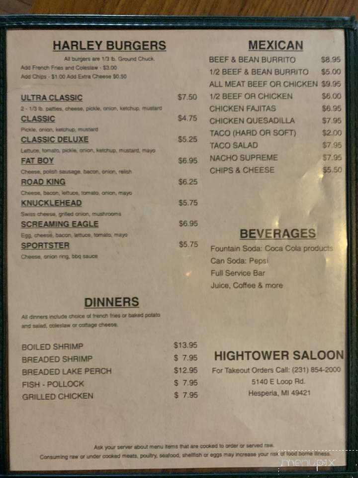 Hightower Saloon - Hesperia, MI menu_pic