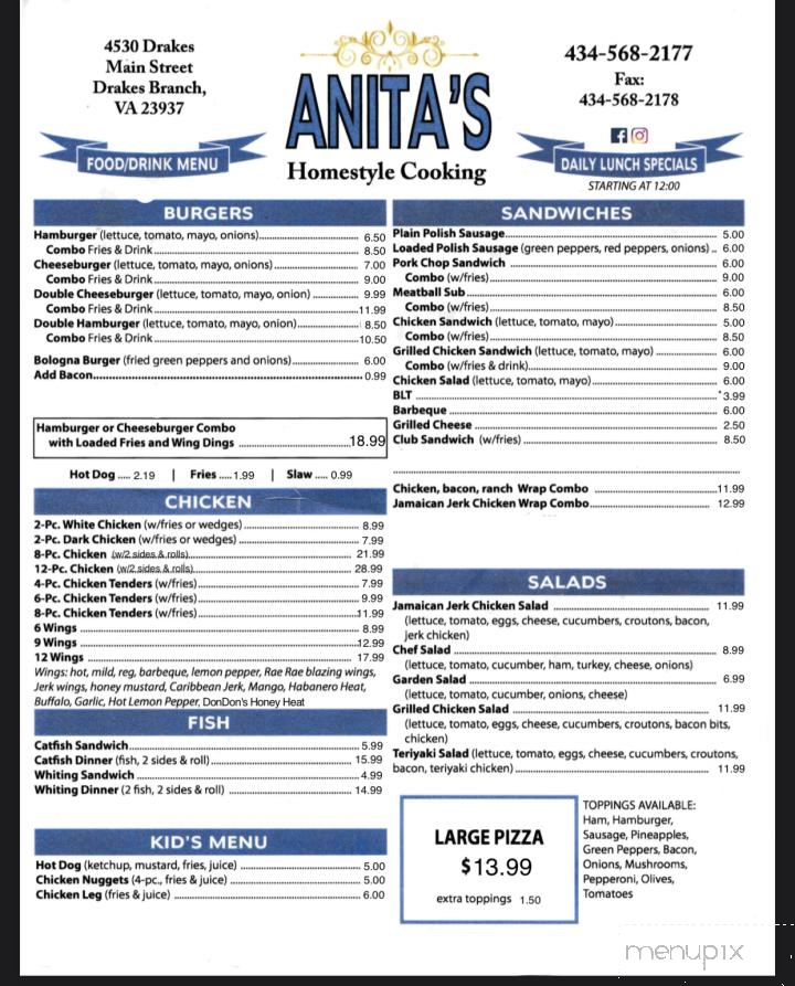 Anita's Homestyle Cooking - Drakes Branch, VA menu_pic