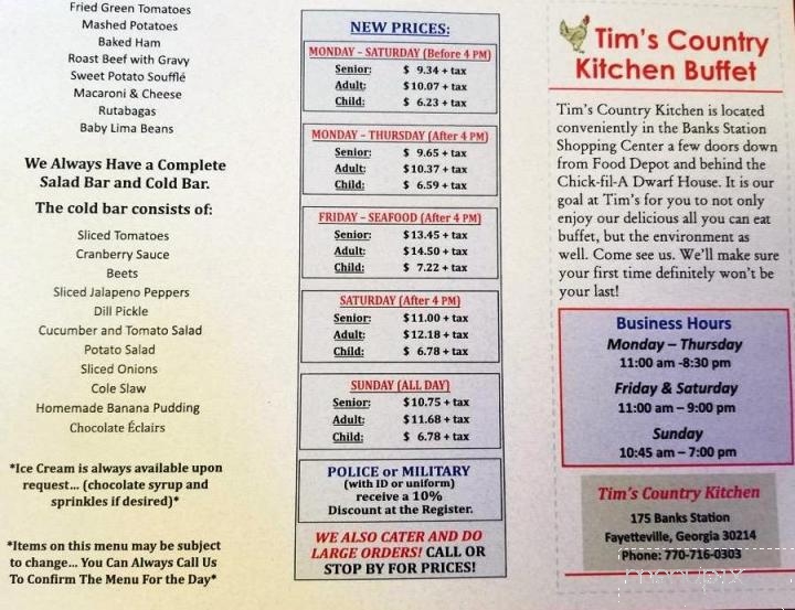 Tim's Country Buffet - Fayetteville, GA menu_pic