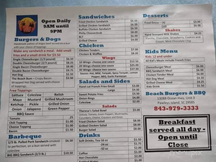 Beach Burgers & BBQ - Pawleys Island, SC menu_pic