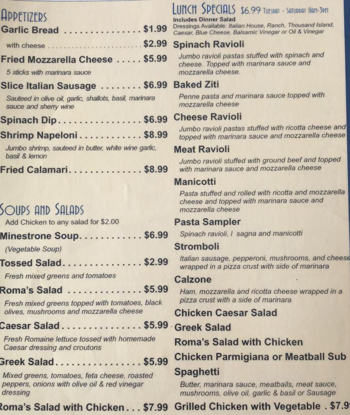 Roma Italian Restaurant - Hugo, OK menu_pic