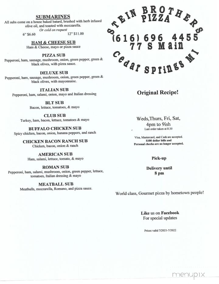 Stein Brothers Pizza Co - Cedar Springs, MI menu_pic