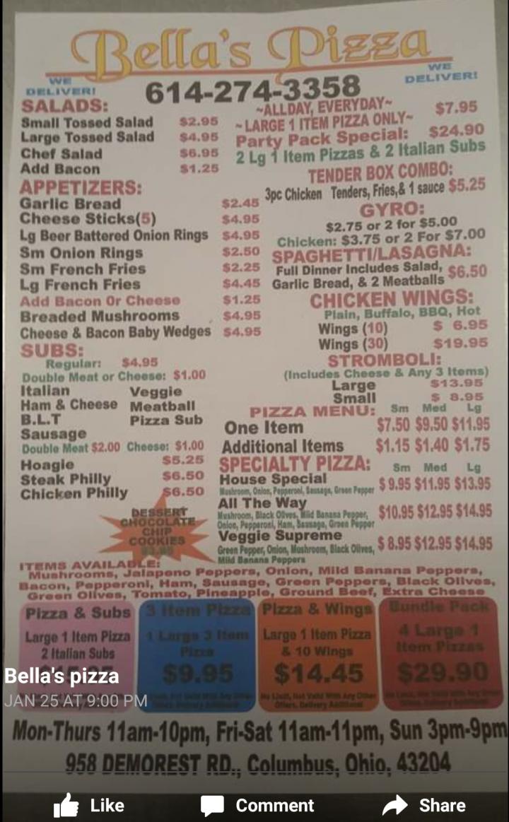 Bella's Pizza - Columbus, OH menu_pic
