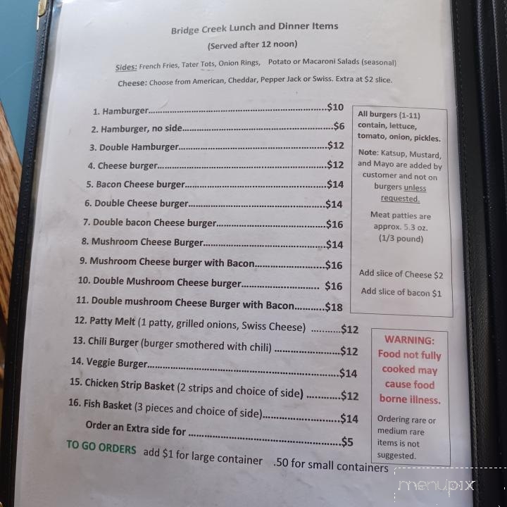 Bridge Creek Cafe - Mitchell, OR menu_pic