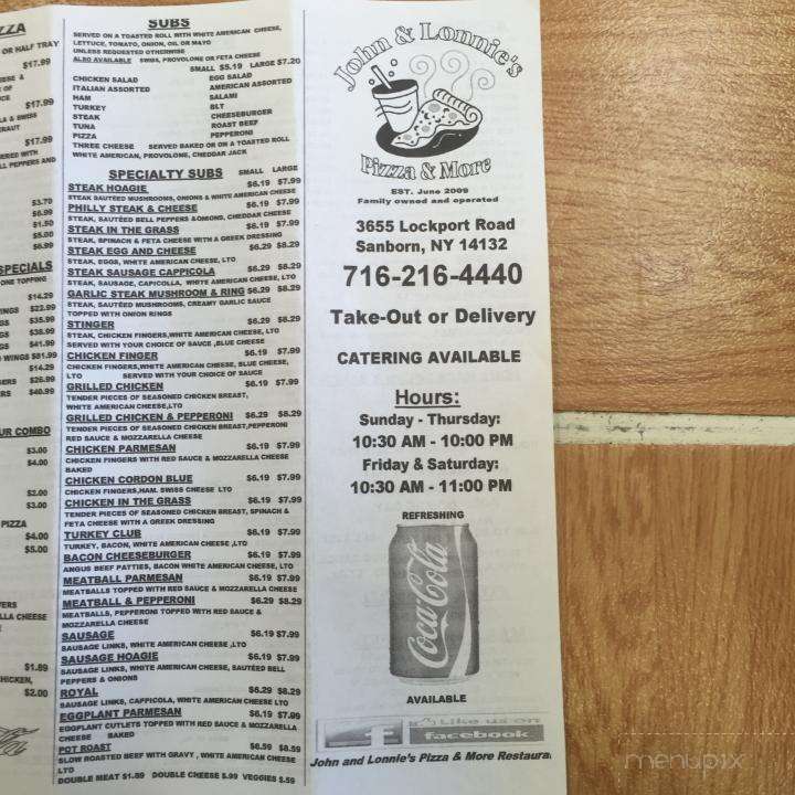 John and Lonnie's Pizza and More - Sanborn, NY menu_pic