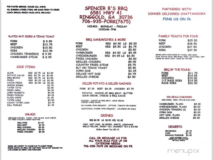 Spencer B's BBQ - Ringgold, GA menu_pic