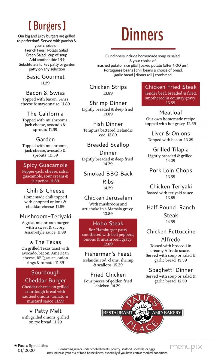 Paul's Place Restaurant & Bakery - Merced, CA menu_pic