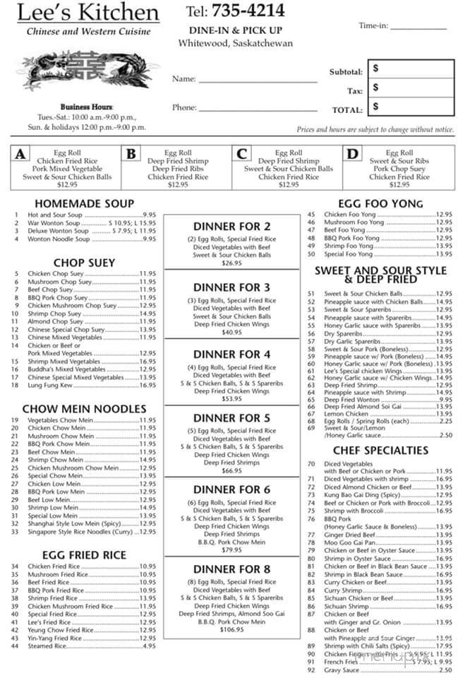 Lee's Kitchen - Whitewood, SK menu_pic