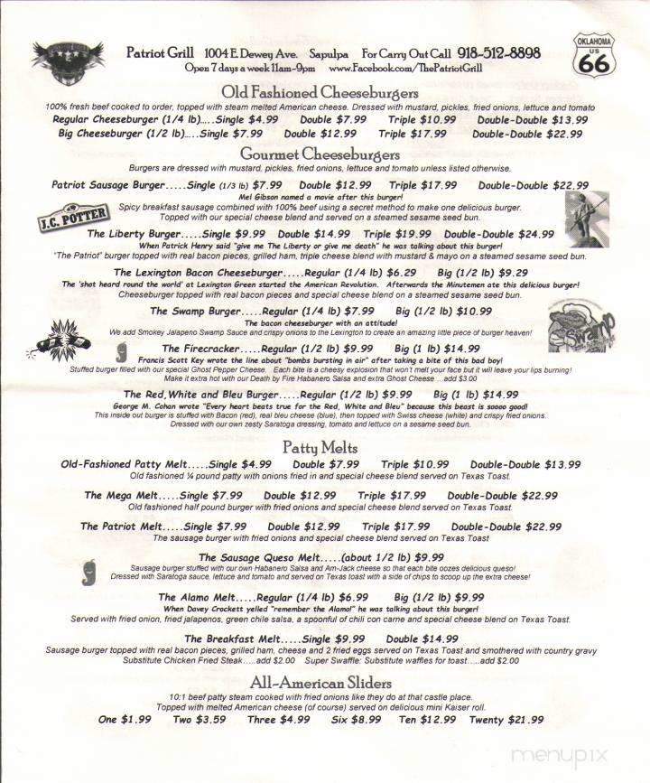 Menu Of Patriot Grill In Sapulpa Ok 74066