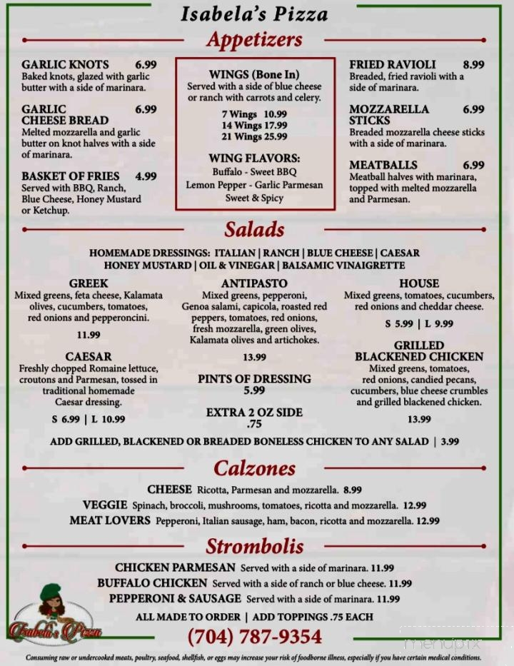 Isabela's Pizza - Concord, NC menu_pic