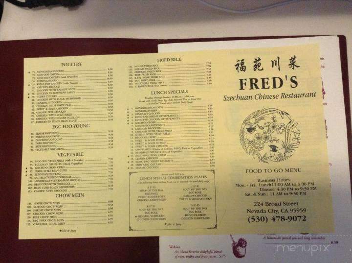 Fred's Szechuan Chinese Restnt - Nevada City, CA menu_pic