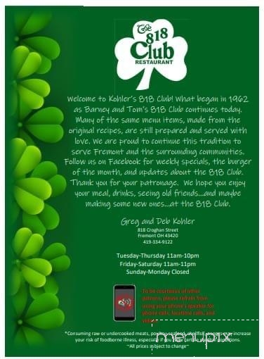 818 Club - Fremont, OH menu_pic