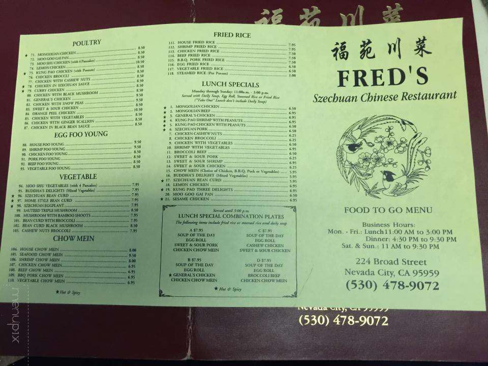 Fred's Szechuan Chinese Restnt - Nevada City, CA menu_pic