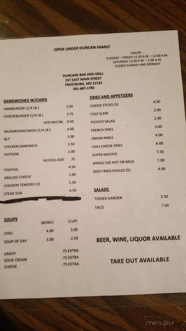 Duncan's Bar & Grill - Frostburg, MD menu_pic