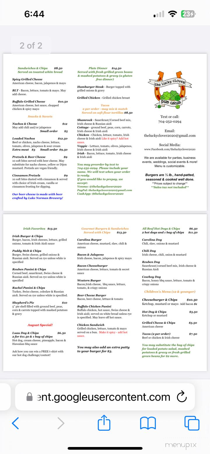 The Lucky Clover - Mooresville, NC menu_pic