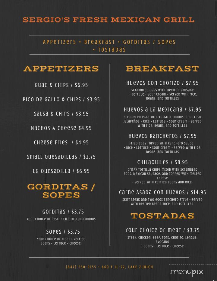 Sergio's Fresh Mexican Grill - Lake Zurich, IL menu_pic