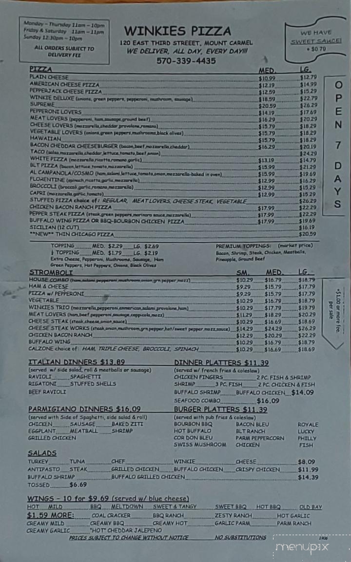 Winkie's Pizza - Mount Carmel, PA menu_pic