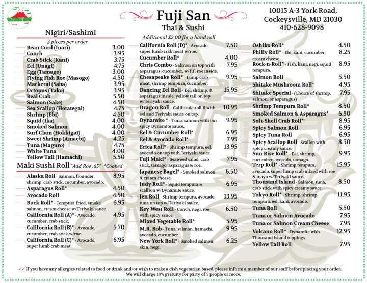 Fuji San - Cockeysville, MD menu_pic