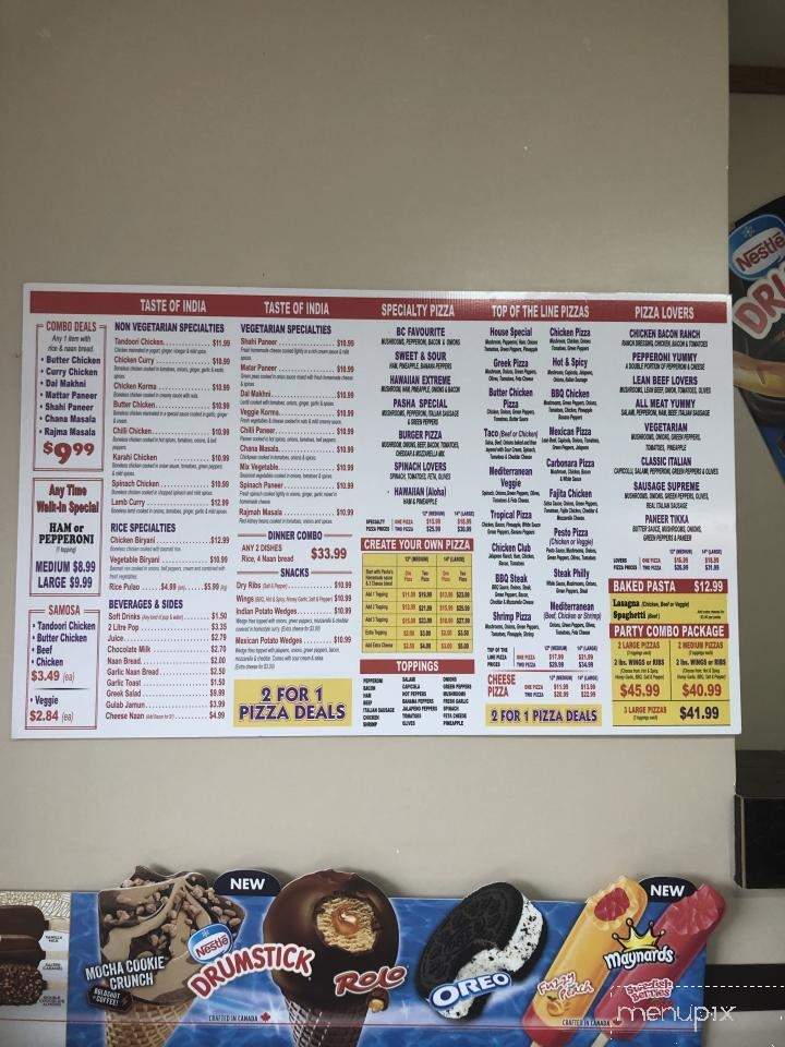 Menu of Pasha&#39;s Pizza & Indian food in Princeton, BC V0X 1W0