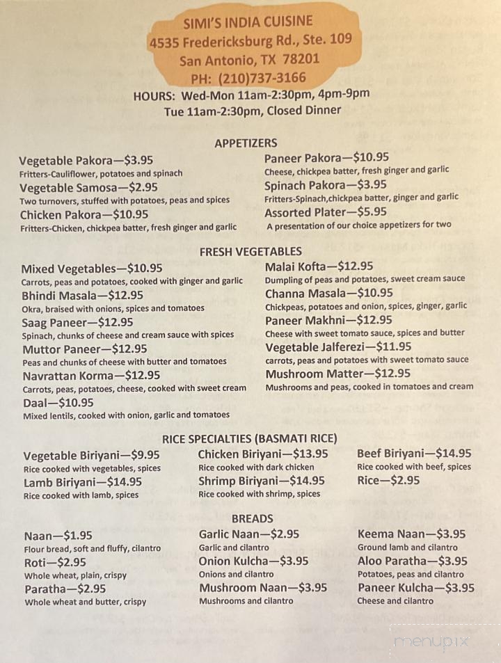 Simi's India Cuisine - San Antonio, TX menu_pic