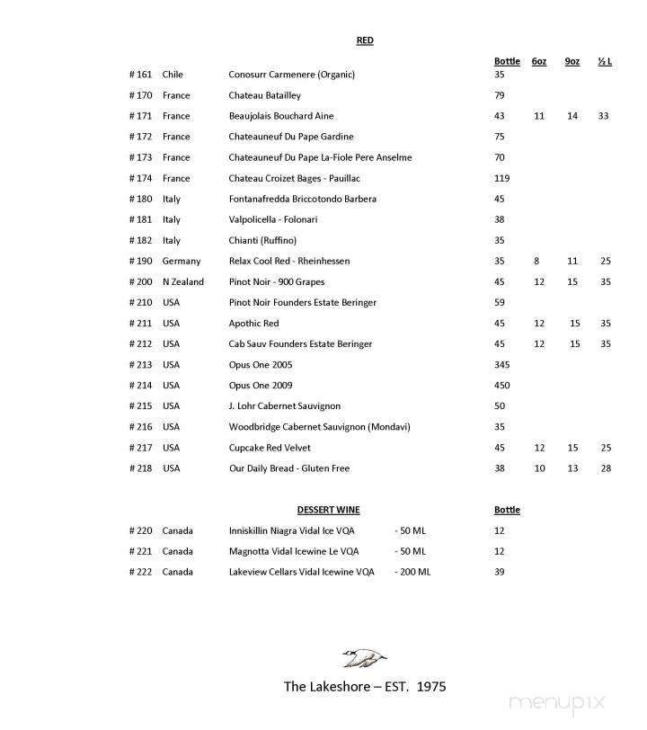 Lakeshore Restaurant - Regina, SK menu_pic