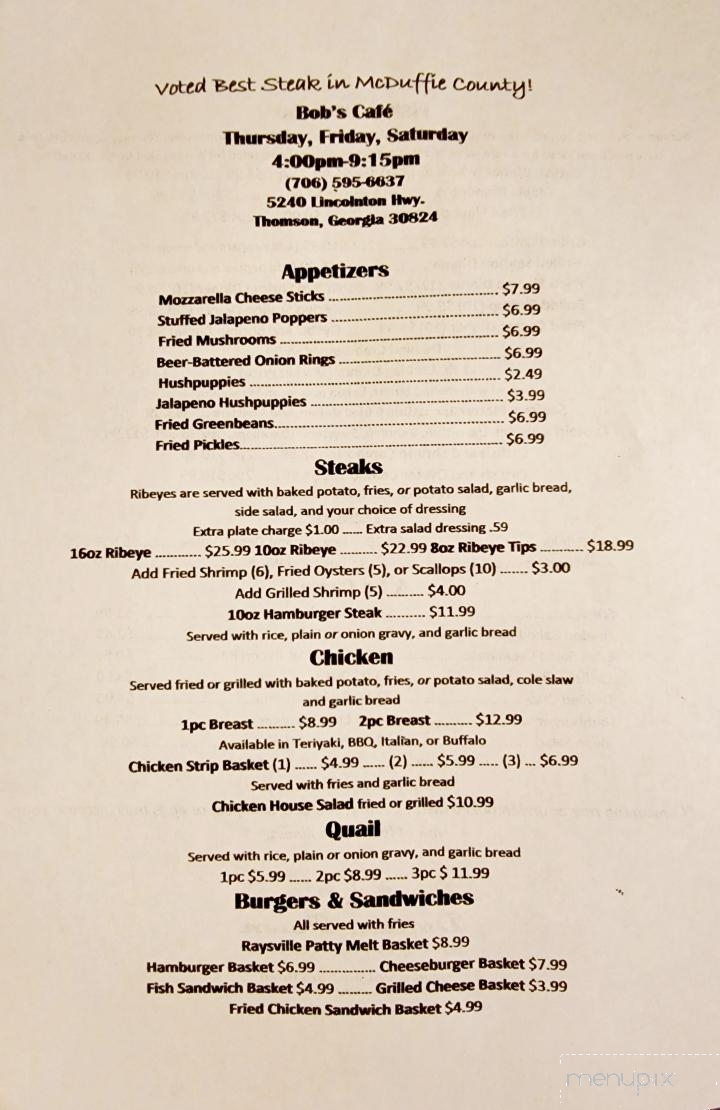 Bob's Cafe - Thomson, GA menu_pic