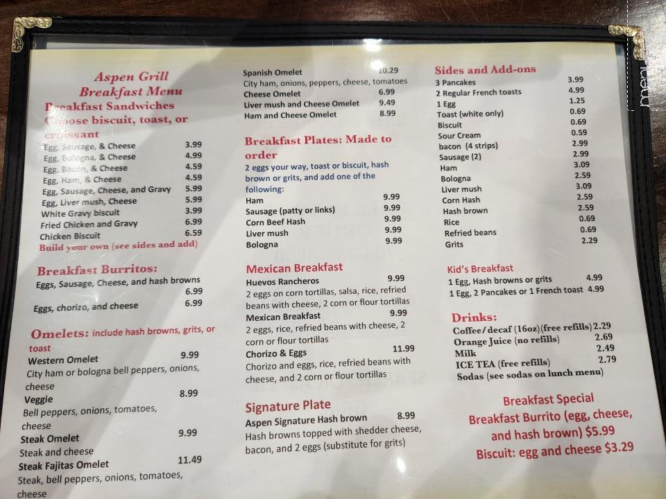 Online Menu of Aspen Grill, Lincolnton, NC