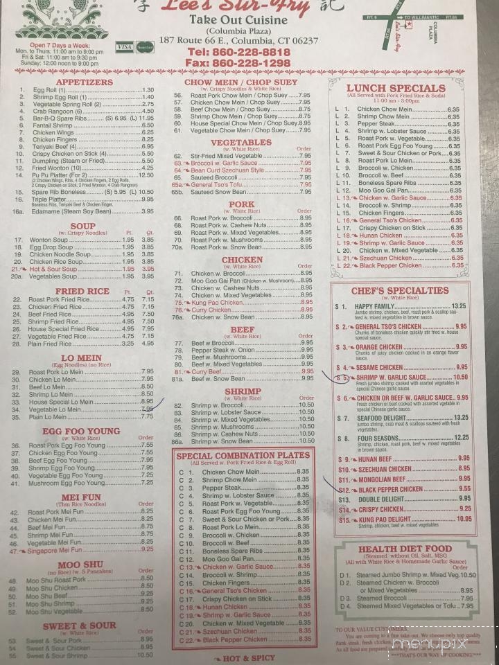 Lee's Stir-Fry - Columbia, CT menu_pic
