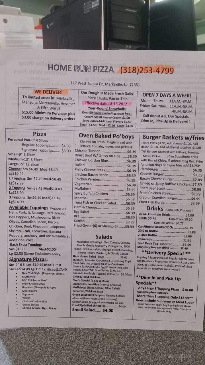 Menu Of Home Run Pizza In Marksville La 71351