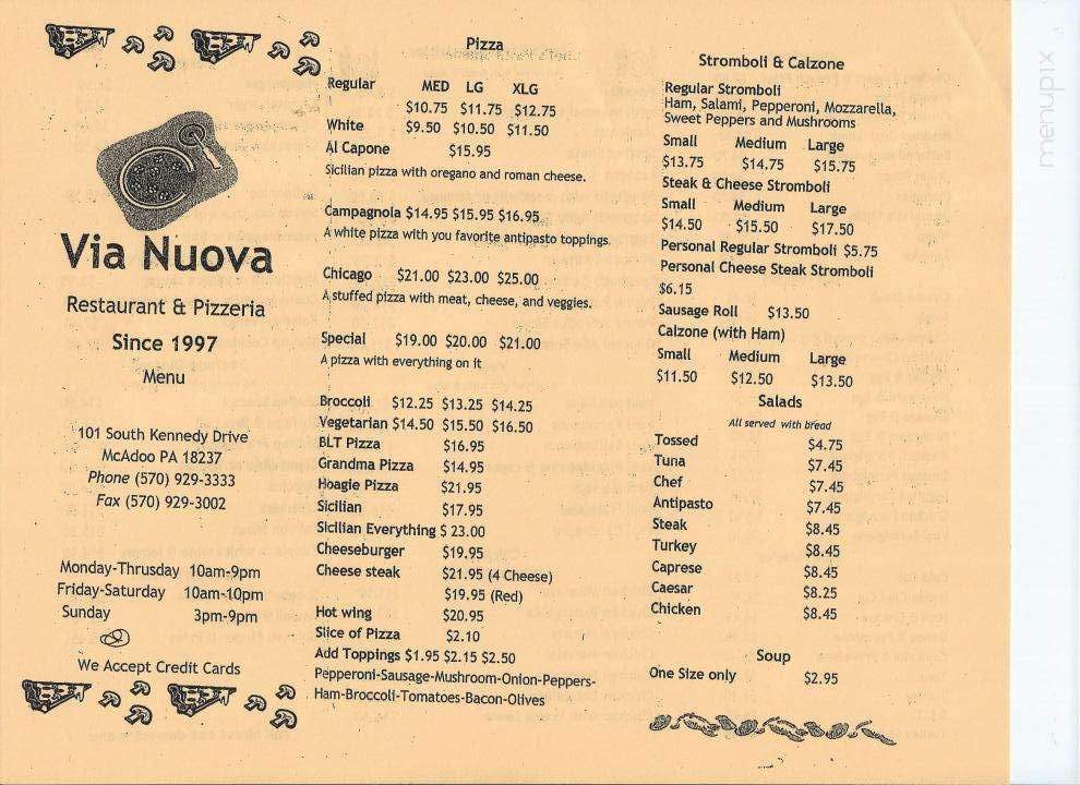Via Nuova Pizzeria and Restaurant - Mcadoo, PA menu_pic