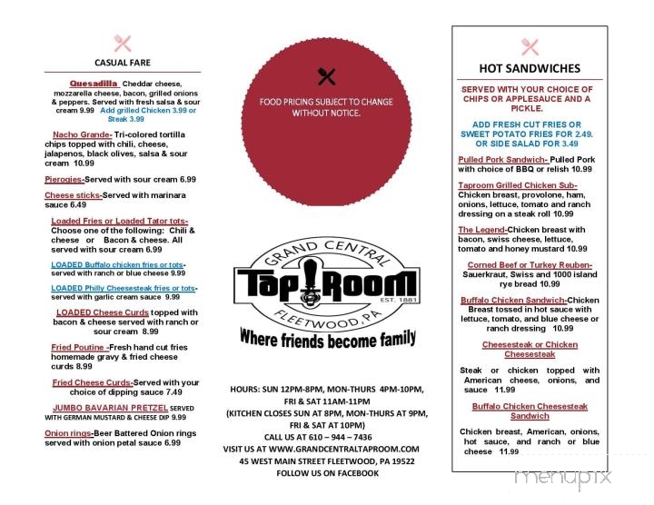 Grand Central Taproom - Fleetwood, PA menu_pic