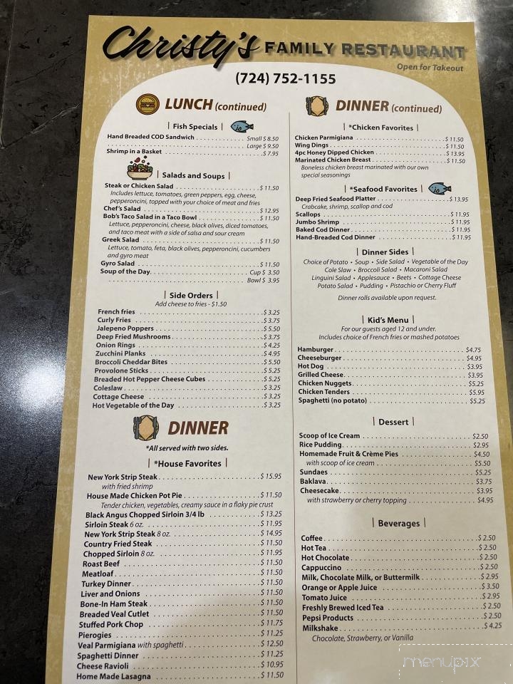 Christy's Restaurant - Ellwood City, PA menu_pic