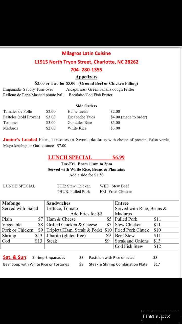Milagro's Latin Cuisine - Charlotte, NC menu_pic
