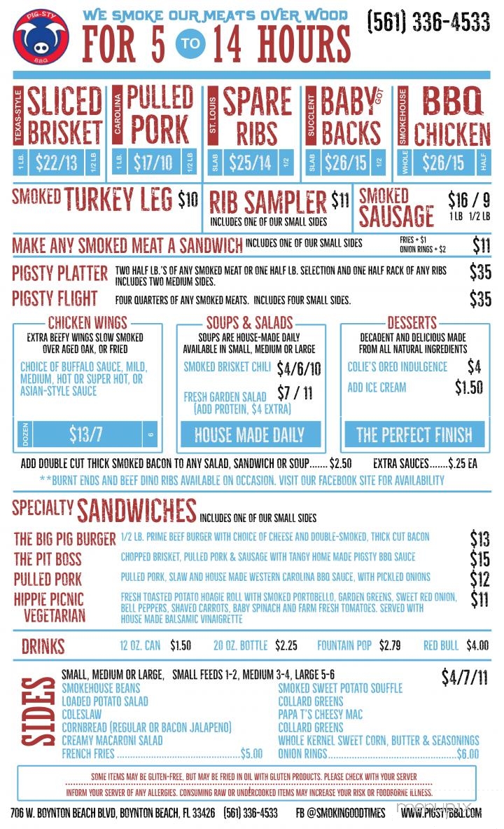 Menu of Pigsty BBQ in Boynton Beach FL 33426