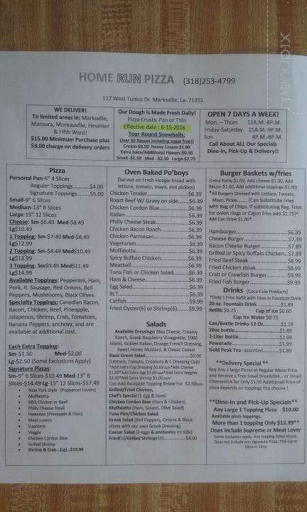 Menu Of Home Run Pizza In Marksville La 71351