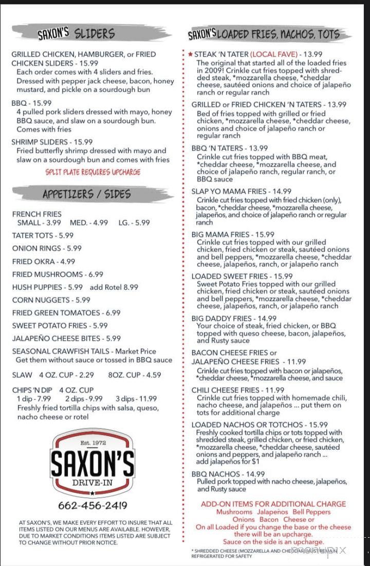 Saxon's Drive in - Houston, MS menu_pic