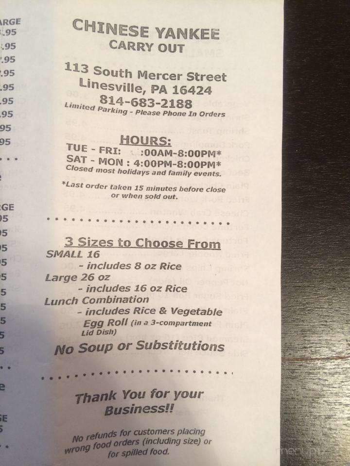 Chinese Yankee - Linesville, PA menu_pic