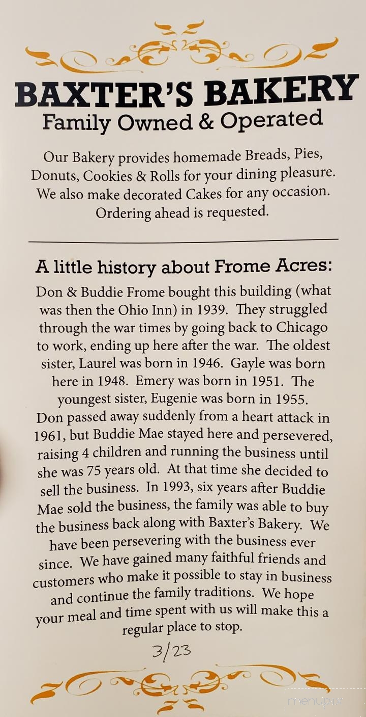 Frome Acres Resort and Baxters Bakery - Wellsboro, PA menu_pic