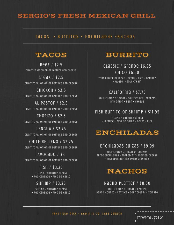 Sergio's Fresh Mexican Grill - Lake Zurich, IL menu_pic