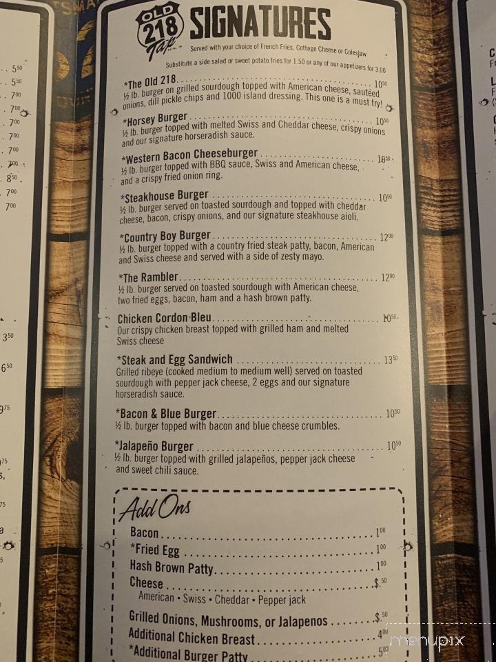 Old 218 Tap - Hills, IA menu_pic