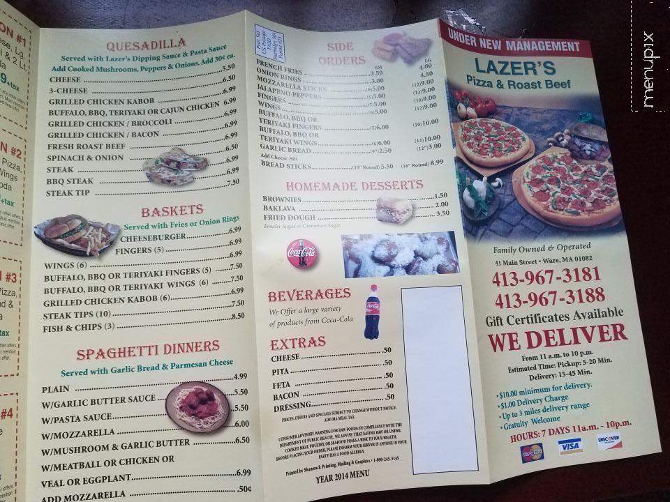 Lazer's Pizza & Roast Beef - Ware, MA menu_pic