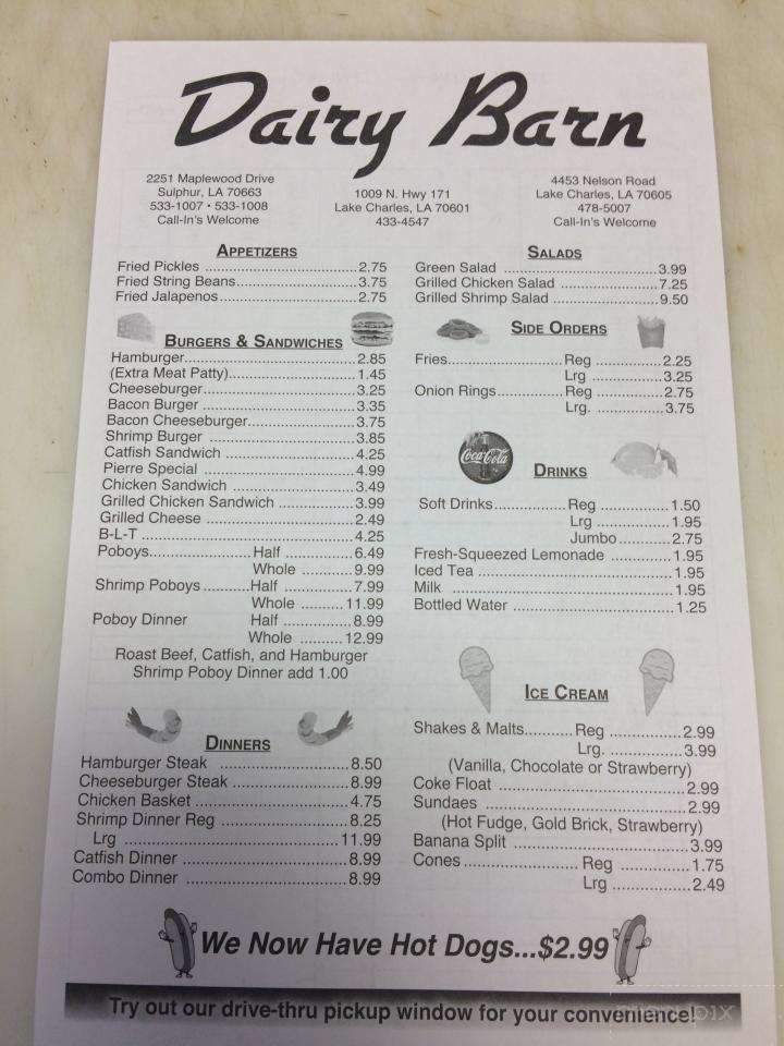 Menu of Dairy Barn in Sulphur, LA 70663
