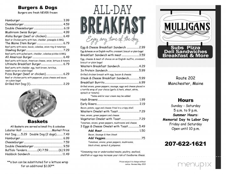 Menu of Mulligan's in Manchester, ME 04351