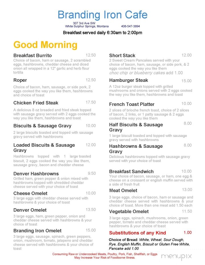 Branding Iron Cafe - White Sulphur Springs, MT menu_pic