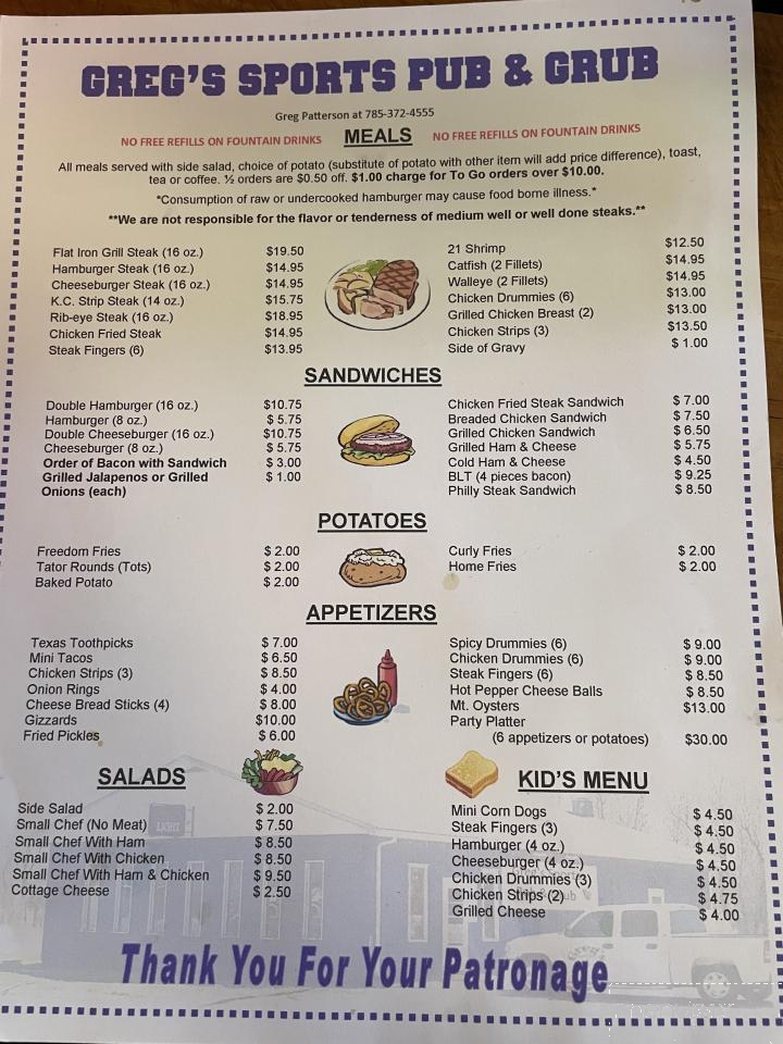 Greg's Place - Rush Center, KS menu_pic